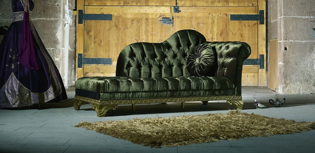 Luxus Barock Chaiselongue Grün - Handgefertigte Massivholz Recamiere mit edlem Samtstoff und dekorativem Kissen - Barock Möbel - Edel & Prunkvoll