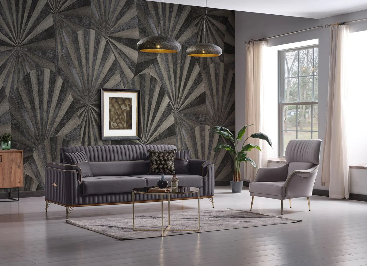 Luxus Schlafsofa Dunkelgrau / Braun / Gold 228 x 94 x H. 88 cm - Wohnzimmer Sofa mit 3 Kissen - Luxus Wohnzimmer Möbel