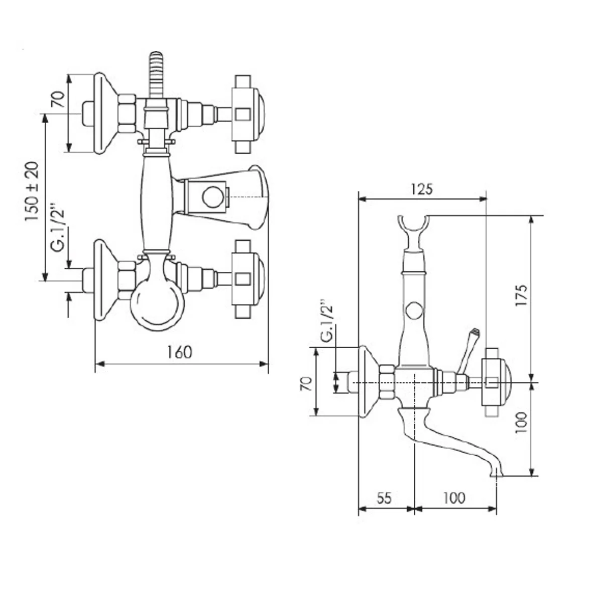 Luxus Bad Zubehör - Jugendstil Retro Wannenbatterie mit Schlauchhandbrause Chrom Serie Napoli - Made in Italy - Nostalgisch Antik Stil