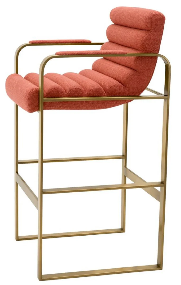Luxus Barstuhl mit Armlehnen Orange / Messing 53,5 x 57,5 x H. 107 cm - Gepolsterter Edelstahl Barhocker - Bar Möbel - Luxus Möbel - Luxus Qualität