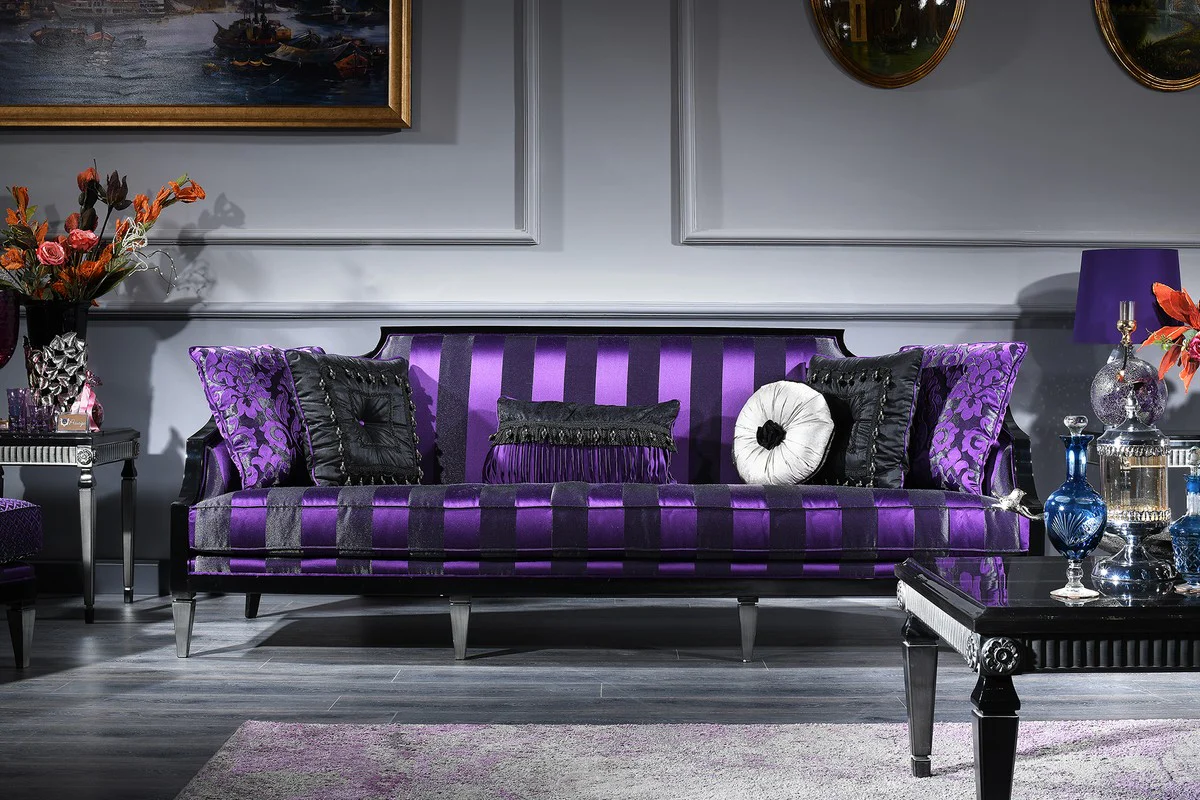 Luxus Barock Sofa Lila / Schwarz / Silber 244 x 95 x H. 88 cm - Wohnzimmermöbel im Barockstil
