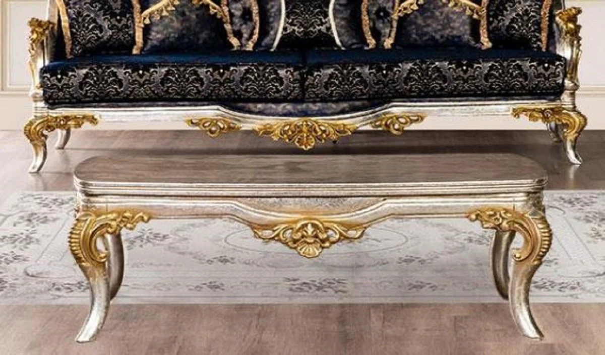 Luxus Barock Couchtisch Silber / Gold - Massivholz Wohnzimmertisch im Barockstil - Barock Wohnzimmer Möbel - Edel & Prunkvoll