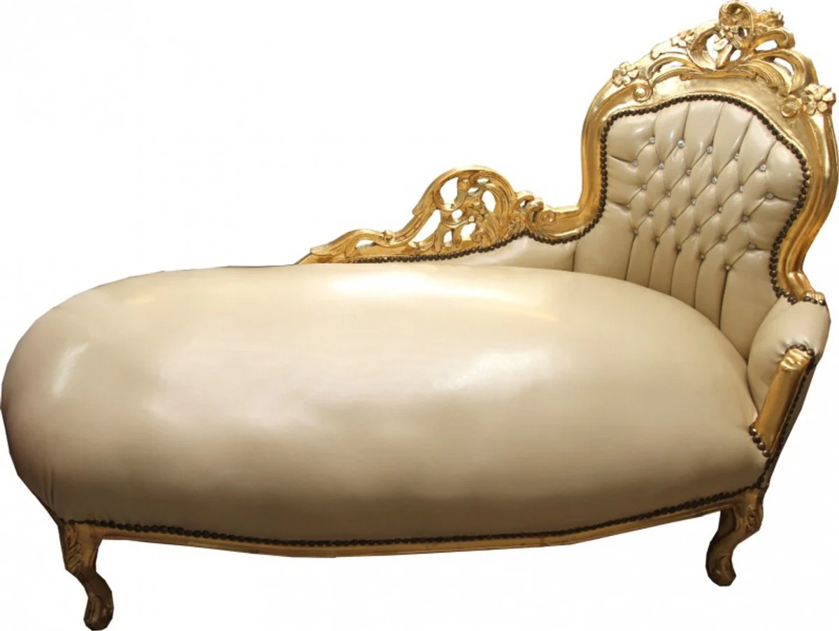 Barock Chaiselongue Creme/Gold Lederoptik mit Bling Bling Glitzersteinen - Recamiere Liege Lounge