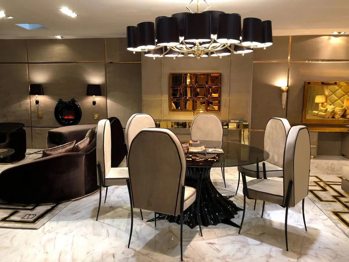 Luxus Designer Esstisch Hochglanz Schwarz / Schwarz Ø 180 x H. 78 cm - Handgefertigter Esszimmertisch mit runder Glasplatte - Luxus Esszimmer Möbel - Luxus Qualität