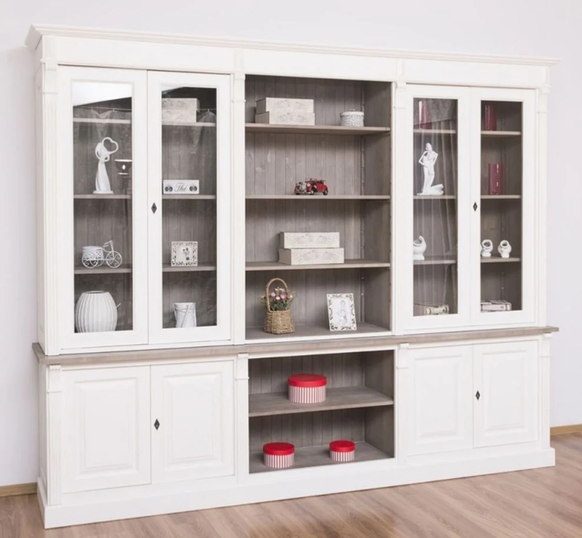 Landhausstil Bücherschrank Weiß / Braungrau 286 x 51 x H. 228 cm - Massivholz Schrank - Wohnzimmerschrank - Büroschrank - Landhausstil Möbel
