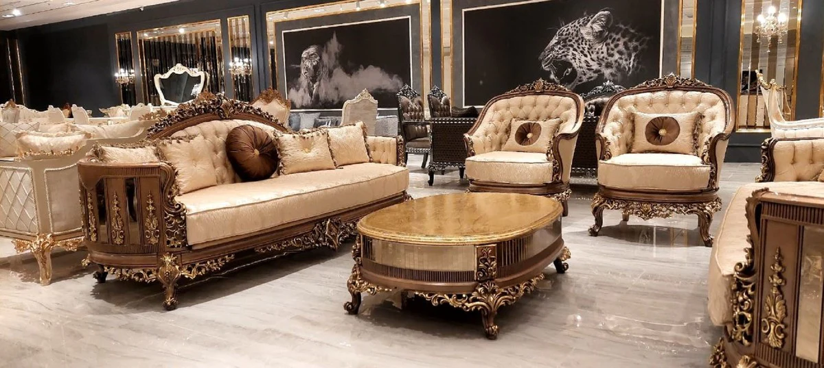 Luxus Barock Couchtisch Antik Gold / Braun / Gold - Ovaler Massivholz Wohnzimmertisch im Barockstil - Wohnzimmer Möbel im Barockstil - Barock Möbel - Edel & Prunkvoll