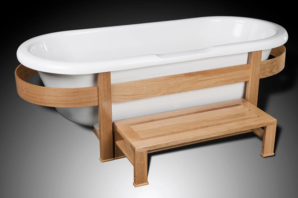 Luxus Retro Badewanne Weiß / Naturfarben 178 x 76 x H. 73 cm - Freistehende Badewanne mit Holzrahmen und Stufe - Retro Badezimmer Möbel