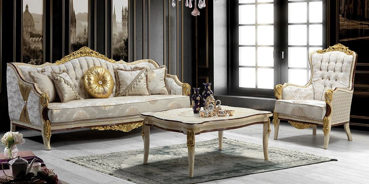 Luxus Barock Wohnzimmer Set Grau / Weiß / Braun / Gold - 2 Sofas mit Muster & 2 Sessel mit Muster & 1 Couchtisch - Prunkvolle Barock Wohnzimmer Möbel