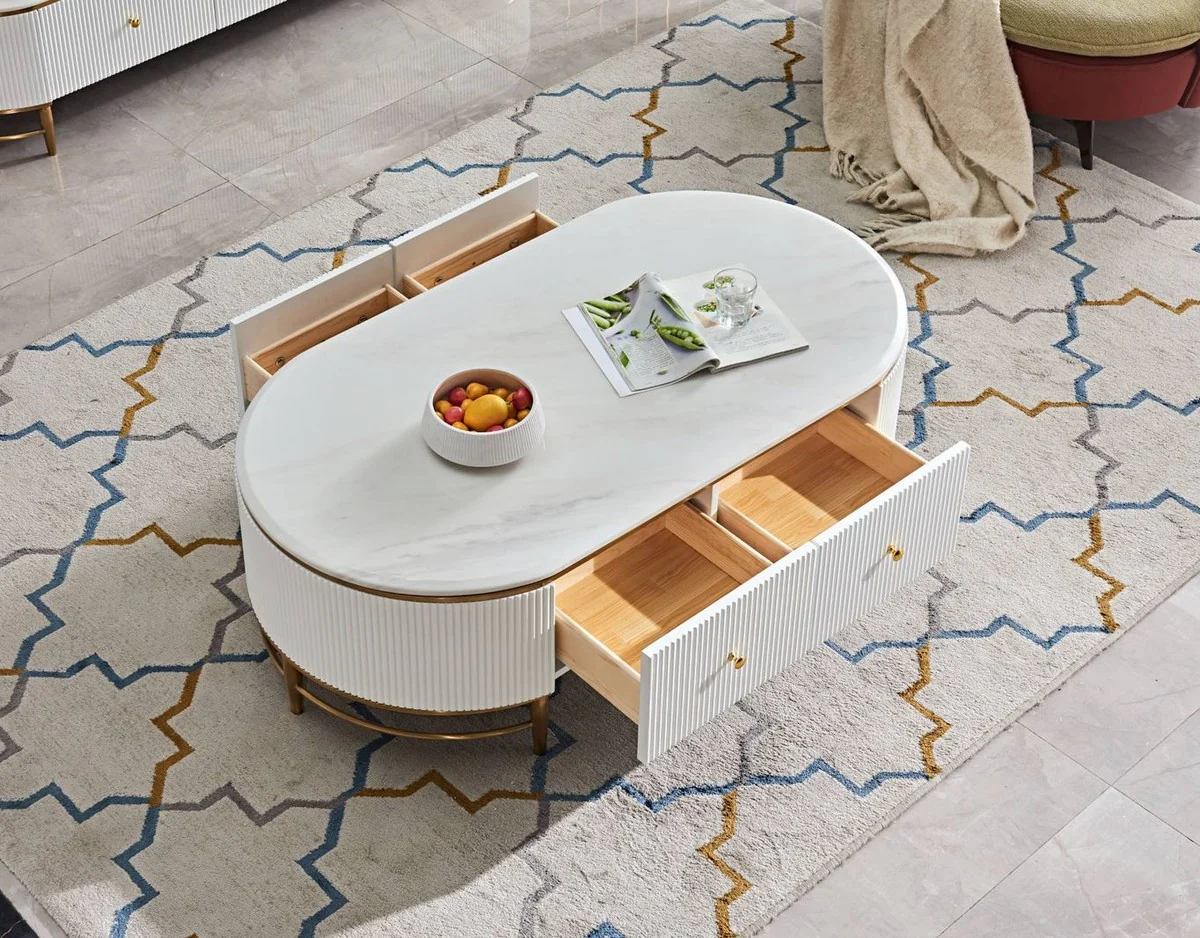 Luxus Couchtisch Weiß / Messingfarben / Gold 130 x 70 x H. 42 cm - Moderner Wohnzimmertisch mit 4 Schubladen - Moderne Wohnzimmer Möbel