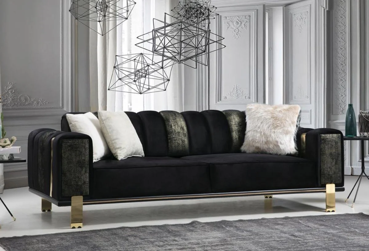 Luxus Wohnzimmer Sofa mit verstellbarer Rückenlehne Schwarz / Gold 223 x 93 x H. 76 cm - Wohnzimmer Möbel - Luxus Möbel