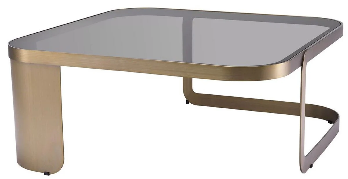 Luxus Couchtisch Messingfarben / Grau 90,5 x 90,5 x H. 38,5 cm - Edelstahl Wohnzimmertisch mit Glasplatte - Wohnzimmer Möbel - Luxus Möbel