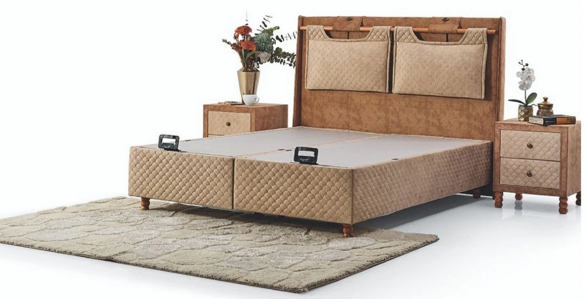 Luxus Doppelbett Beige / Braun - Modernes Massivholz Bett - Moderne Schlafzimmer & Hotel Möbel - Luxus Kollektion