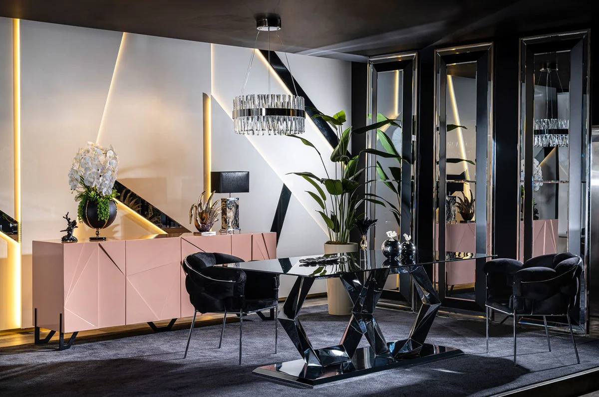 Luxus Designer Esszimmer Möbel Set Schwarz / Silber - 1 Luxus Esstisch mit Glasplatte & 6 Luxus Esszimmerstühle - Esszimmer Möbel - Luxus Möbel - Luxus Esszimmer Einrichtung