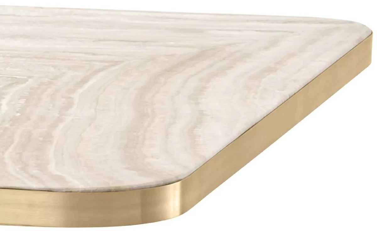 Luxus Esstisch Beige / Messing / Schwarz 75 x 75 x H. 75,5 cm - Quadratischer Küchentisch mit Travertin Tischplatte - Esszimmer Möbel - Luxus Möbel - Luxus Einrichtung