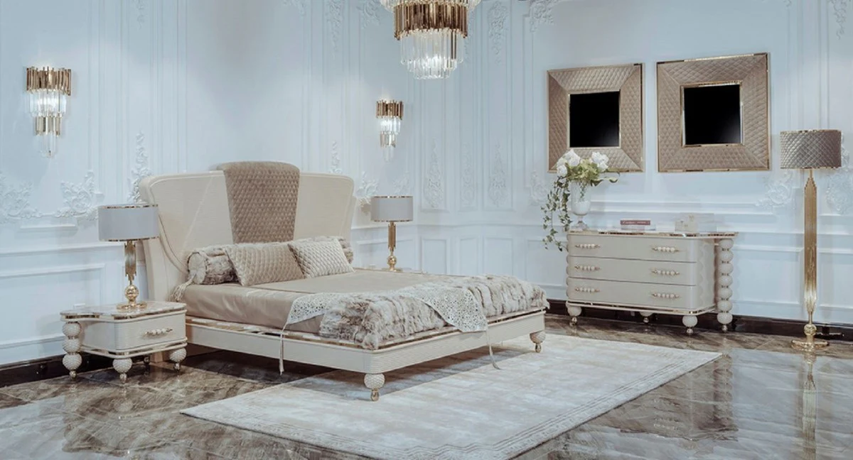Luxus Art Deco Schlafzimmer Set Beige / Grau / Gold - 1 Doppelbett mit Kopfteil & 2 Nachttische - Art Deco Schlafzimmer & Hotel Möbel - Luxus Kollektion