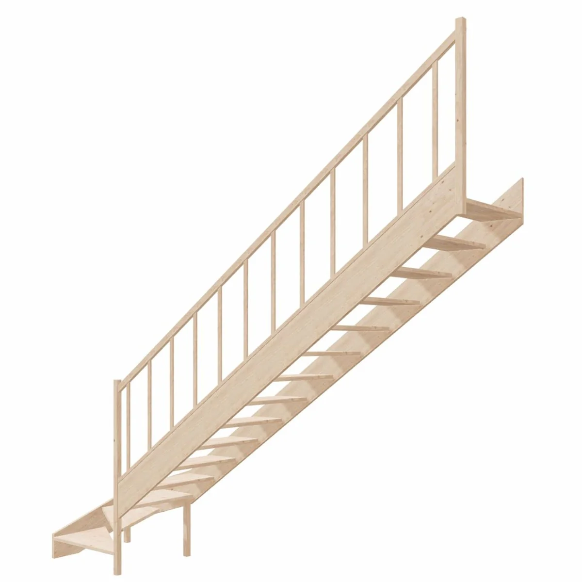 Luxus Eck-Holztreppe mit Geländer rechte Seite Naturfarben H. 364 cm
