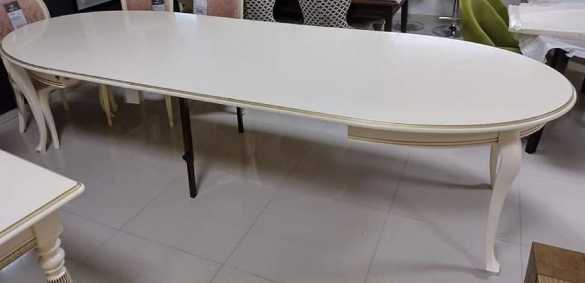 Luxus Jugendstil Esstisch Cremefarben / Gold 160-360 x 110 x H. 78 cm - Ovaler Ausziehbarer Massivholz Esszimmertisch - Barock & Jugendstil Esszimmer Möbel