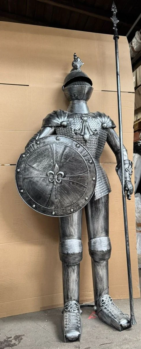Deko Ritterrüstung mit Schild & Lanze Antik Silber H. 247 cm