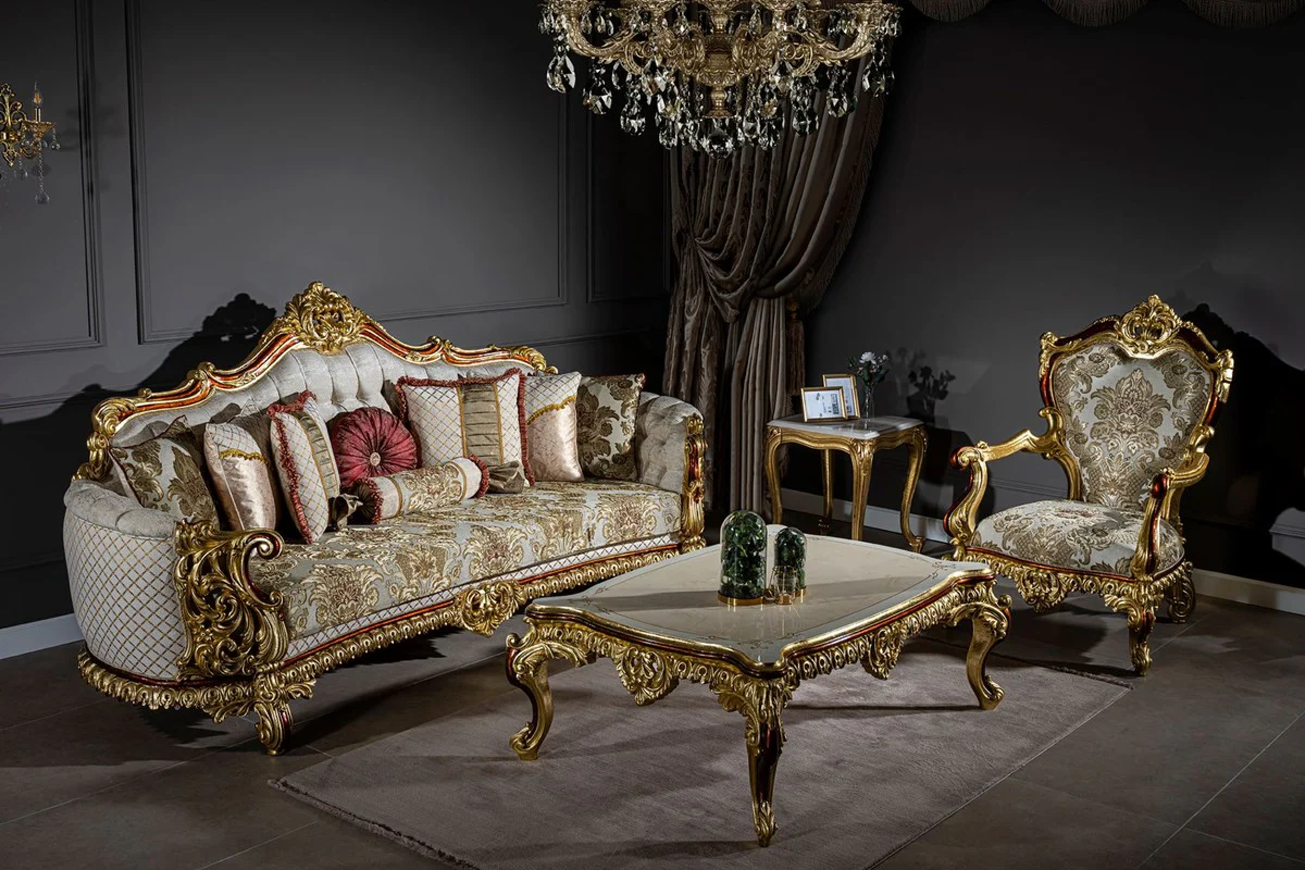 Luxus Barock Wohnzimmer Set Grau / Rot / Gold - 2 Sofas & 2 Sessel & 1 Couchtisch - Wohnzimmer Möbel im Barockstil - Edel & Prunkvoll
