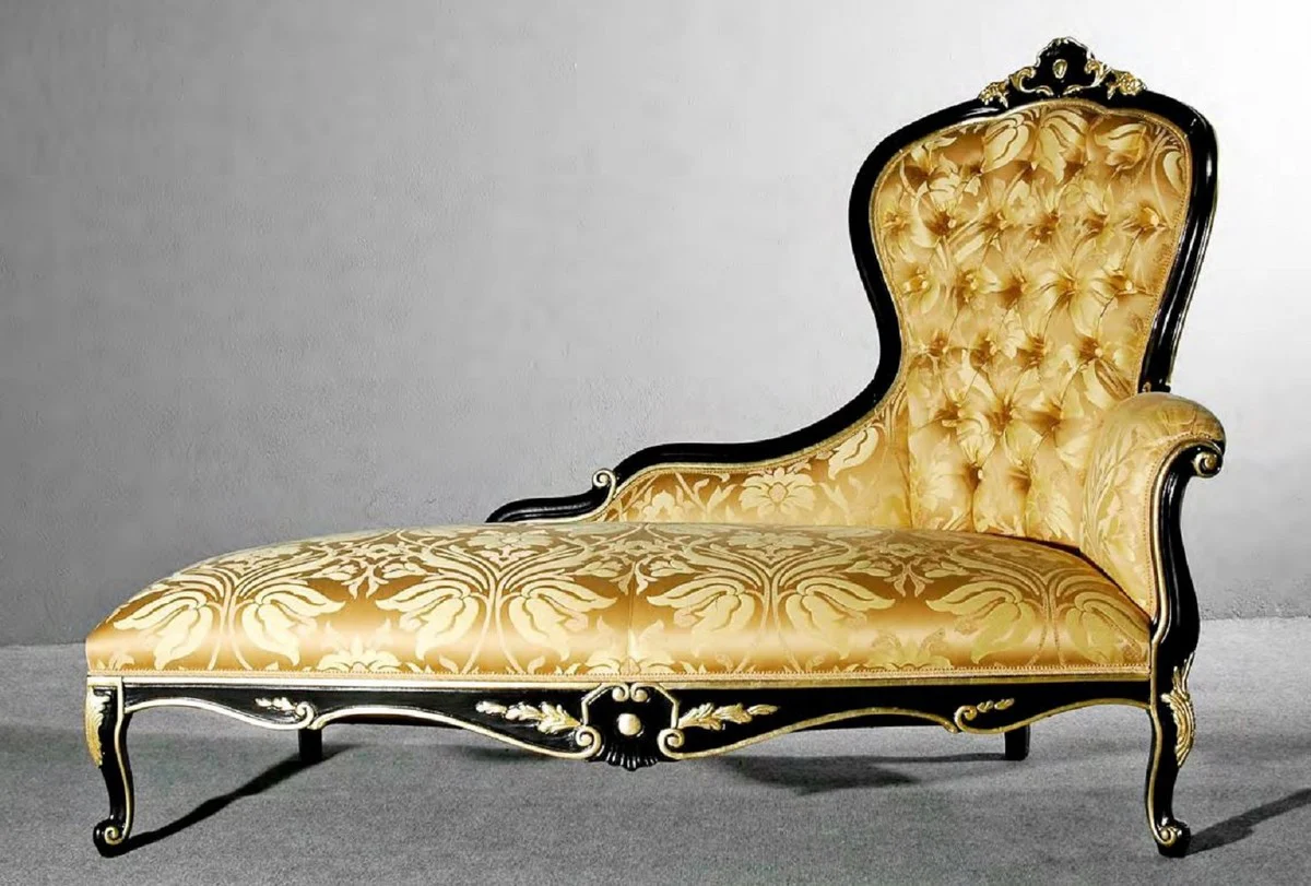 Luxus Barock Chaiselongue Gold / Schwarz / Gold - Handgefertigte Massivholz Recamiere mit elegantem Muster - Barock Wohnzimmer & Hotel Möbel - Erstklassische Qualität - Made in Italy