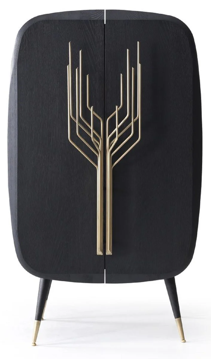 Luxus Barschrank Schwarz / Antik Messing 88 x 55 x H. 152 cm - Massivholz Weinschrank mit 2 Türen - Wohnzimmer Möbel - Bar Möbel - Hotel Möbel - Luxus Kollektion