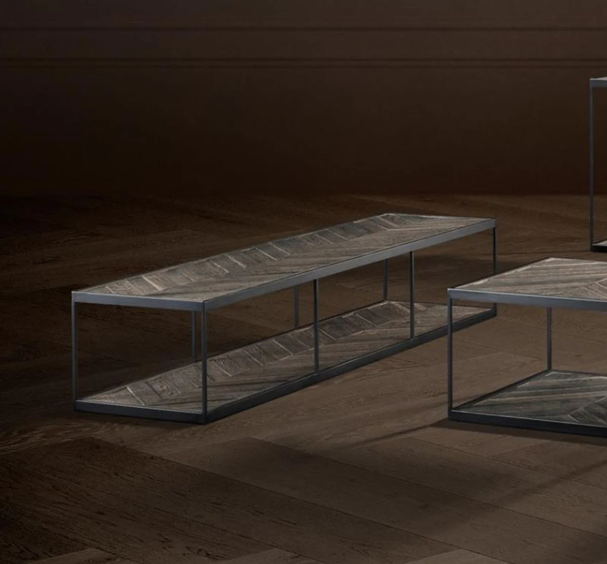 Luxus Couchtisch aus verzinktem Stahl und verwittertem Eichenholz - Designer Wohnzimmertisch