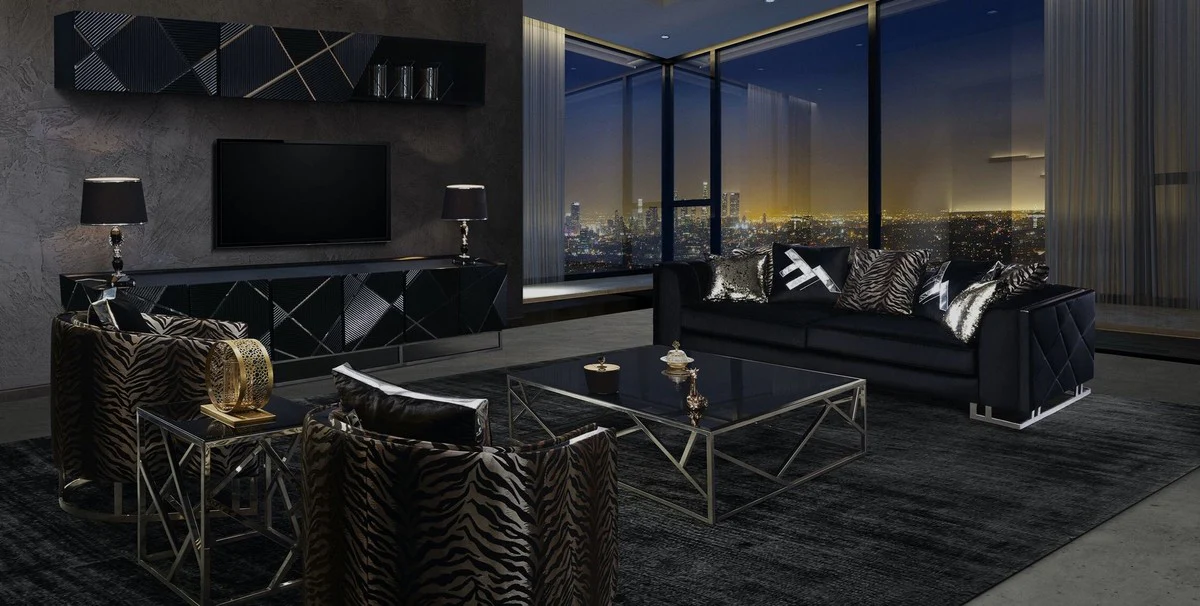 Luxus Wohnzimmer Sofa mit dekorativen Kissen Schwarz / Silber 237 x 96 x H. 66 cm - Luxus Wohnzimmer Möbel