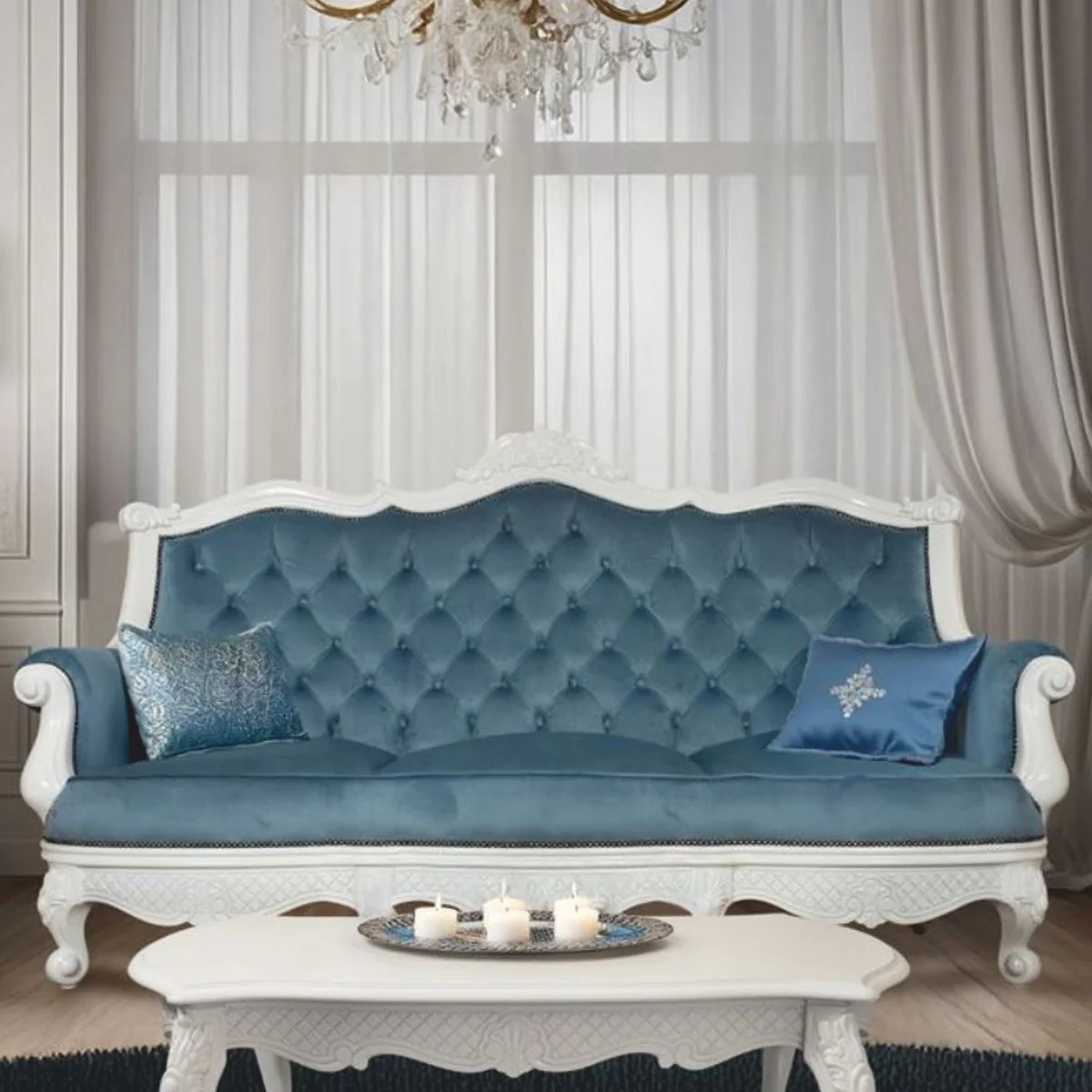Luxus Barock Samt Sofa Blau / Weiß 210 cm - Barockstil Wohnzimmer Möbel
