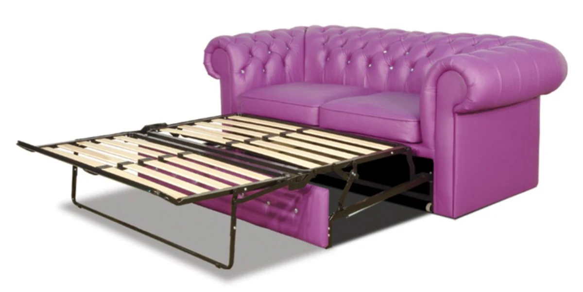 Echtleder 2er Sofa in violett mit Swarowski Kristallsteinen 180 x 100 x H. 78 cm - Luxus Chesterfield Schlafsofa