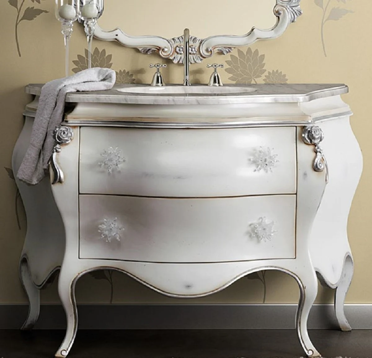 Luxus Barock Waschtisch Weiß / Silber - Prunkvolle Waschbecken Kommode mit 2 Schubladen - Luxus Badezimmer Möbel im Barockstil - Barock Möbel - Luxus Qualität - Made in Italy