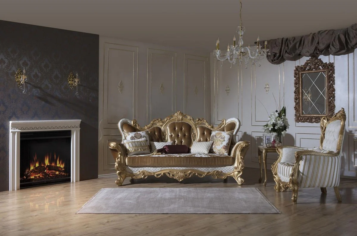 Luxus Barock Sofa Gold / Weiß / Gold 248 x 108 x H. 122 cm - Wohnzimmer Sofa mit elegantem Muster und dekorativen Kissen - Prunkvolle Barock Möbel