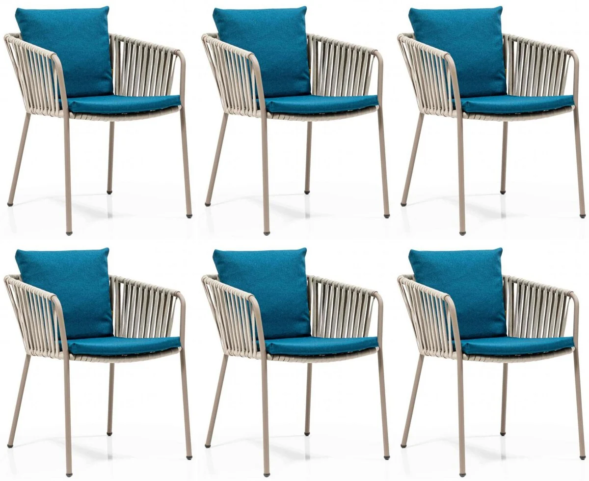 Luxus Gartenstuhl Set Blau / Grau / Beige 50 x 45 x H. 73 cm - Moderne Gartenstühle mit Armlehnen - Garten & Gastronomie Möbel