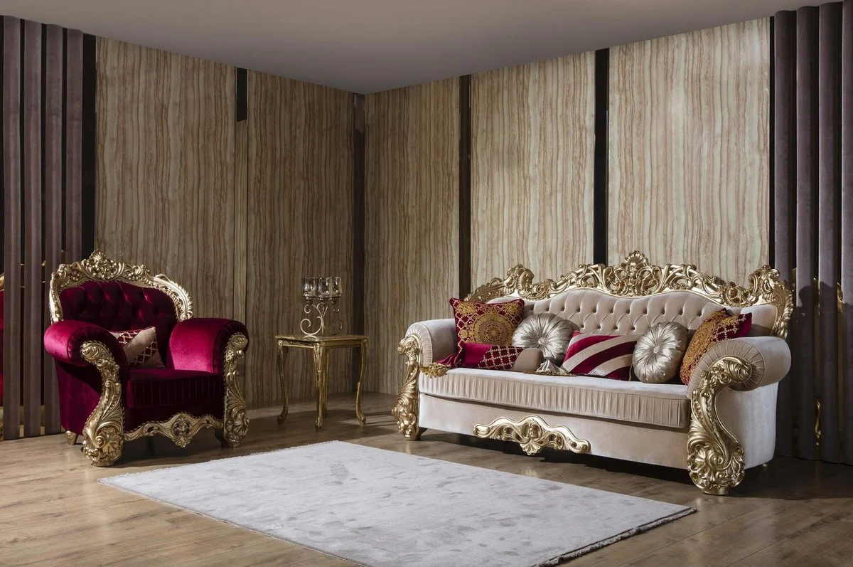 Luxus Barock Sofa Beige / Gold 244 x 95 x H. 123 cm - Prunkvolles Wohnzimmer Sofa mit dekorativen Kissen - Barock Wohnzimmer Möbel