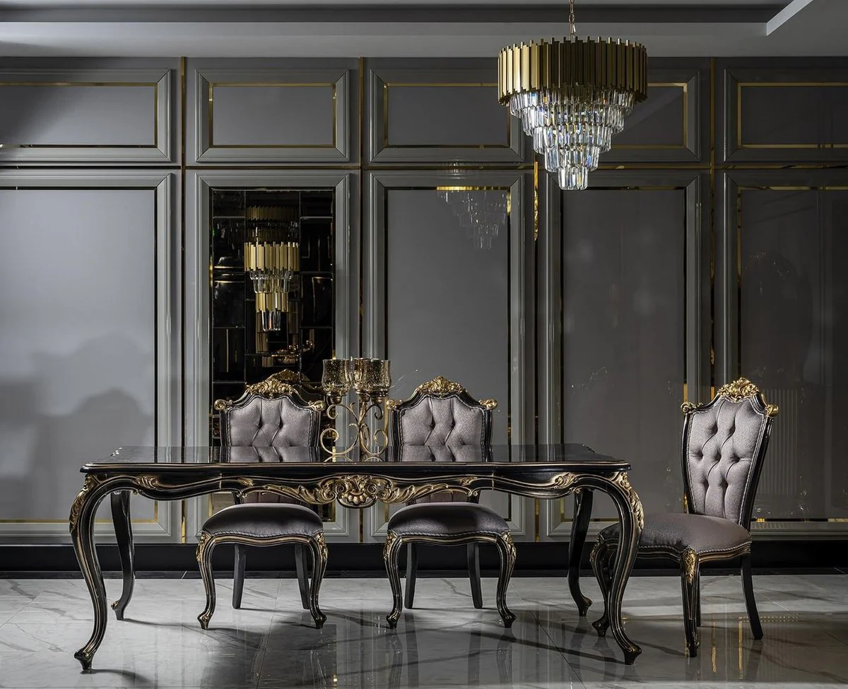 Luxus Barock Esszimmerstuhl Set Silber / Schwarz / Gold - Handgefertigtes Küchen Stühle 6er Set - Barock Esszimmer Möbel - Edel & Prunkvoll