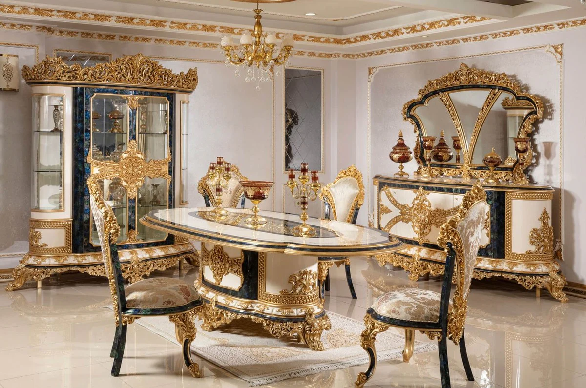 Luxus Barock Esstisch Weiß / Blau / Gold - Prunkvoller Massivholz Esszimmertisch im Barockstil - Barock Esszimmer Möbel - Edel & Prunkvoll