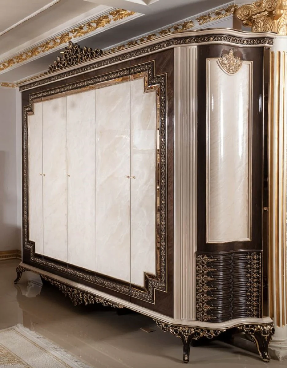 Luxus Barock Schlafzimmerschrank Creme / Dunkelbraun / Gold 293 cm