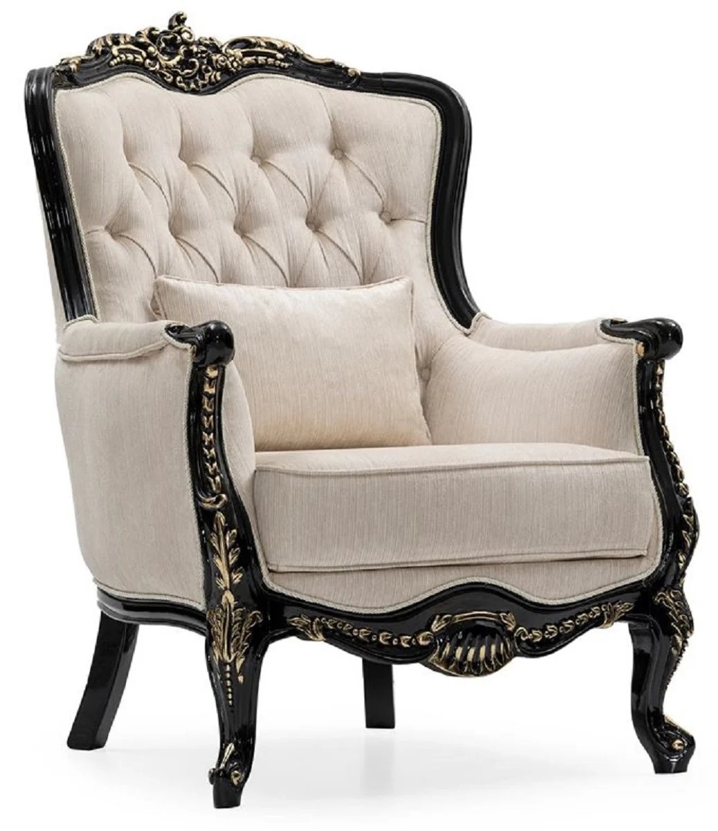 Luxus Barock Wohnzimmer Set Creme / Schwarz / Gold - 2 Sofas & 2 Sessel & 1 Couchtisch - Handgefertigte Wohnzimmer Möbel im Barockstil - Edel & Prunkvoll