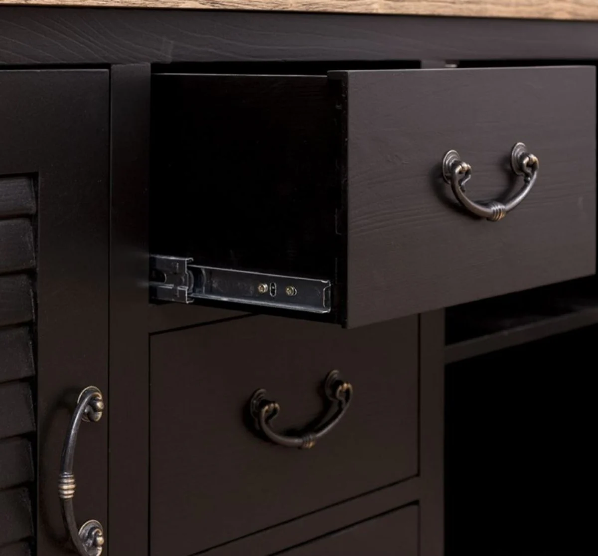 Landhausstil Badezimmer Set Schwarz / Naturfarben - 1 Doppelwaschtisch & 1 Wandspiegel - Landhausstil Badezimmer Möbel