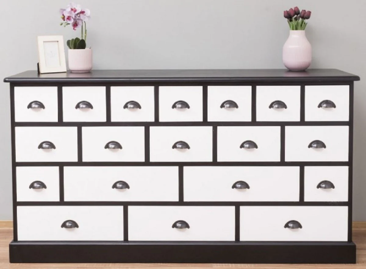 Landhausstil Kommode Schwarz / Weiß 180 x 48 x H. 95 cm - Massivholz Schrank mit 19 Schubladen - Landhausstil Möbel - Möbel im Landhausstil - Landhausstil Einrichtung
