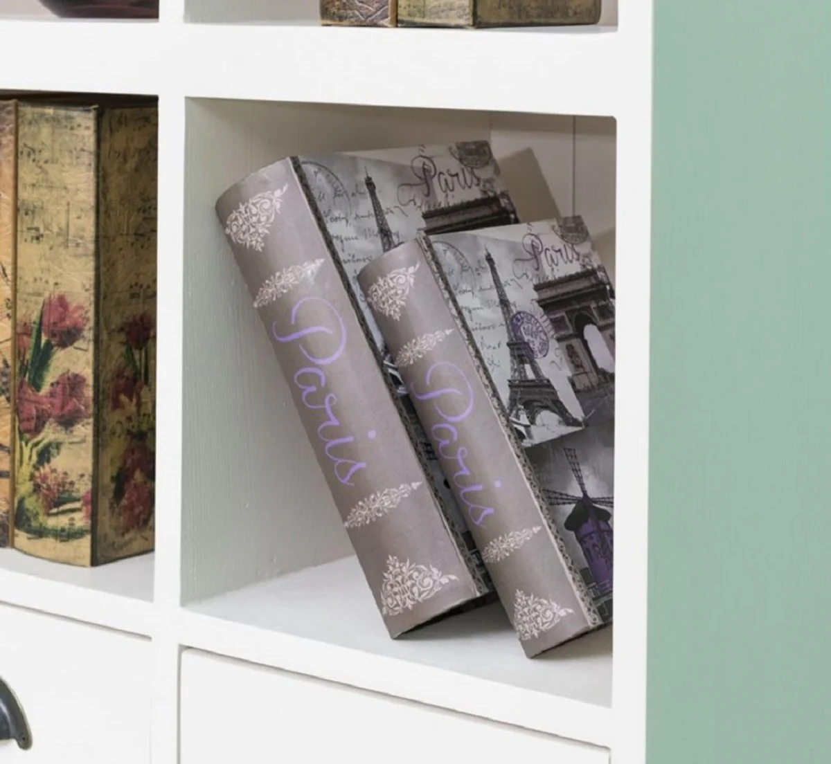 Landhausstil Schrank Weiß 97 x 40 x H. 210 cm - Massivholz Regalschrank mit 2 Türen und 6 Schubladen - Möbel im Landhausstil