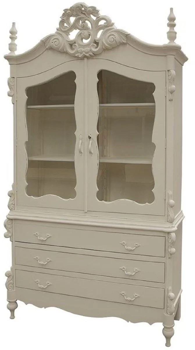 Luxus Landhausstil Küchenschrank Antik Cremefarben 150 x 60 x H. 255 cm - Handgefertigter Massivholz Schrank mit 2 Glastüren und 3 Schubladen - Landhausstil Küchen Möbel - Luxus Qualität