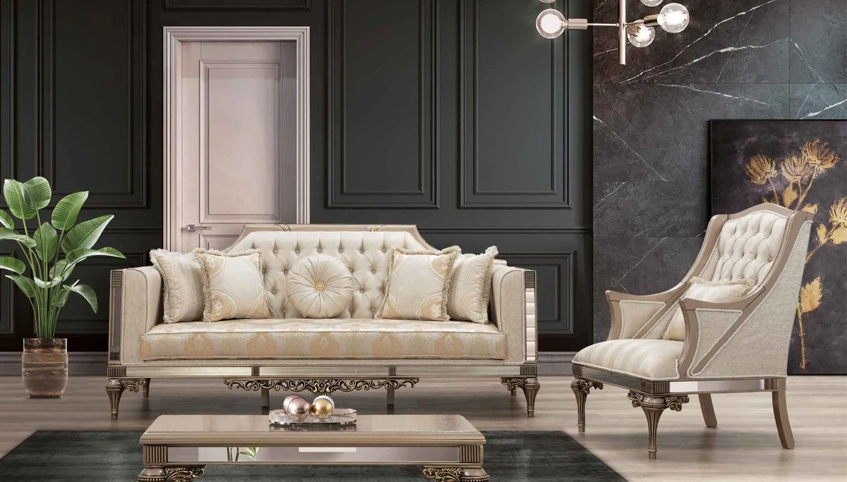 Luxus Barock Couchtisch Grau / Schwarz / Gold - Prunkvoller Massivholz Wohnzimmertisch im Barockstil - Barock Wohnzimmer Möbel - Edel & Prunkvoll