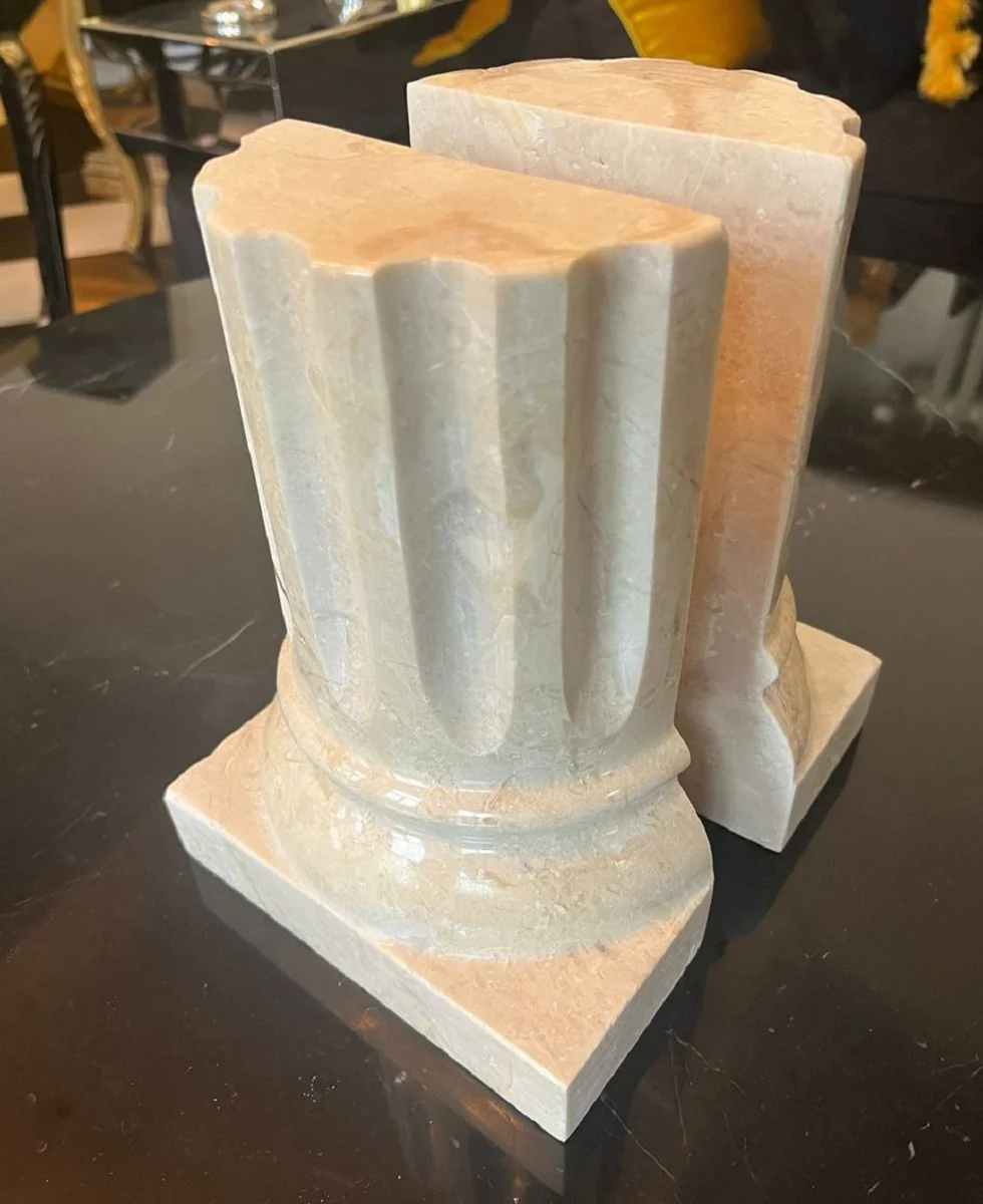 Luxus Marmor Buchstützen Set Barock Säulen Creme H. 21 cm