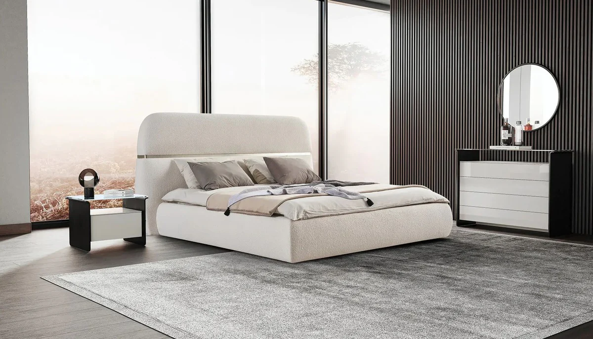 Luxus Doppelbett Creme / Gold 230 x 244 x H. 130 cm - Massivholz Bett mit Kopfteil - Schlafzimmer Möbel - Hotel Möbel - Luxus Möbel - Luxus Einrichtung