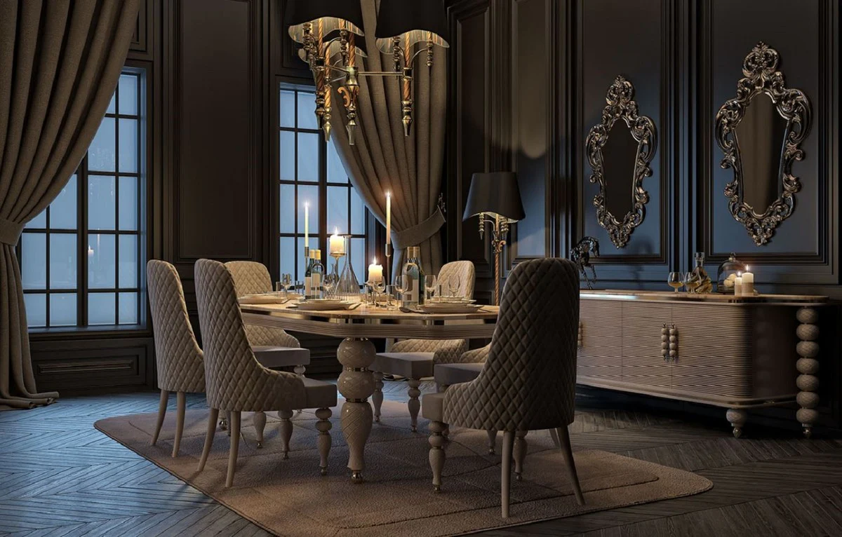 Luxus Art Deco Esszimmer Set Grau / Weiß / Gold - 1 Art Deco Esstisch mit Kunstmarmor Tischplatte & 8 Art Deco Esszimmerstühle - Art Deco Esszimmer Möbel - Luxus Qualität