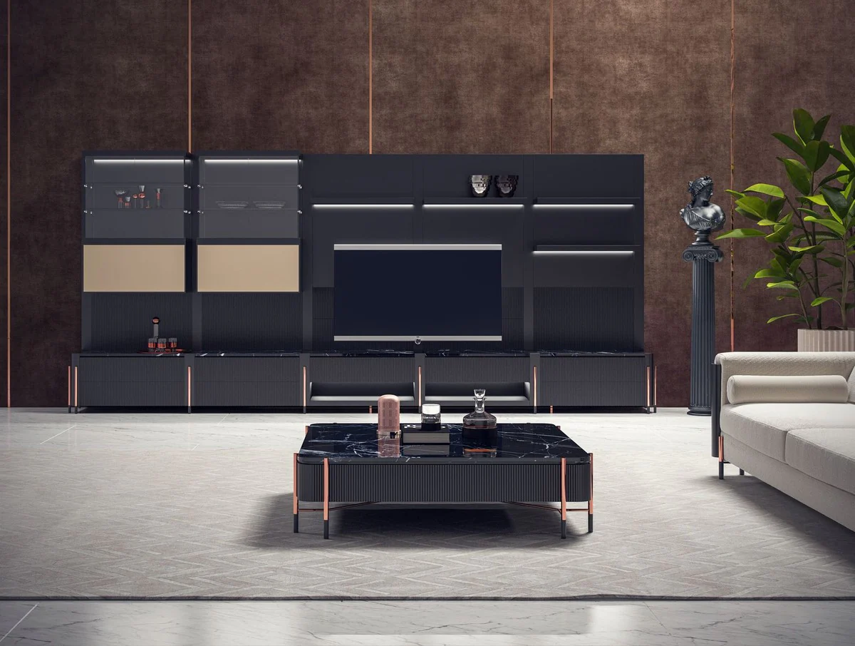 Luxus TV Schrank Matt Schwarz / Schwarz / Kupfer 452 x 47 x H. 202 cm - Wohnzimmer Schrank mit LED Beleuchtung - Wohnzimmer Möbel - Hotel Möbel - Luxus Möbel