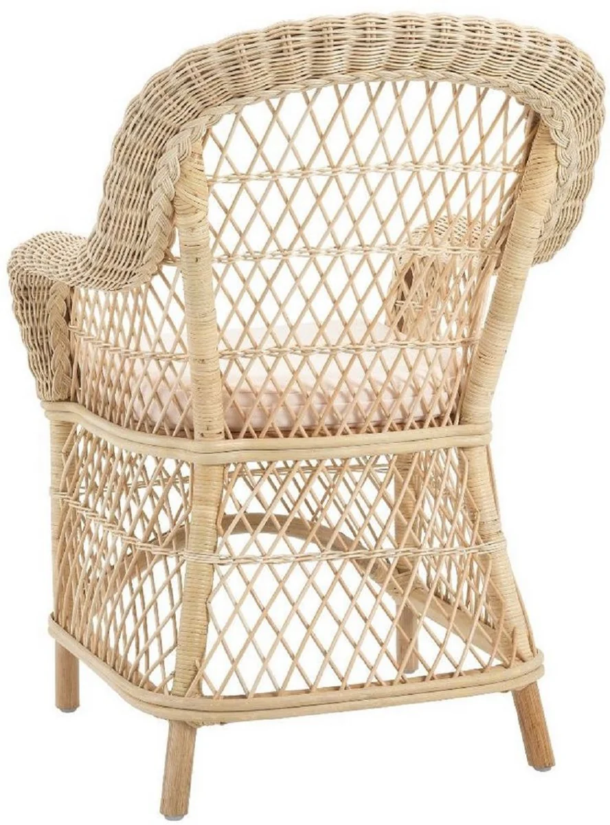 Luxus Rattan Esszimmerstuhl mit Armlehnen und Kissen Naturfarben / Cremefarben 63 x 68 x H. 88 cm - Esszimmermöbel