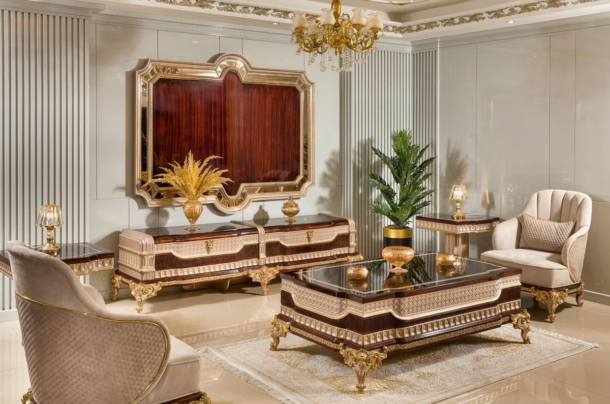 Luxus Barock Couchtisch Dunkelbraun / Grau / Gold 156 cm - Barock Möbel