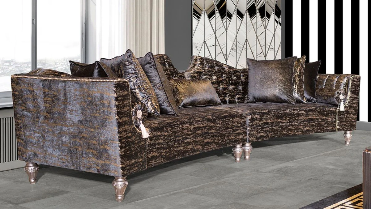 Luxus Barock Sofa Schwarz / Gold / Silber - Gebogenes Wohnzimmer Sofa - Hotel Sofa - Luxus Barock Wohnzimmer & Hotel Möbel
