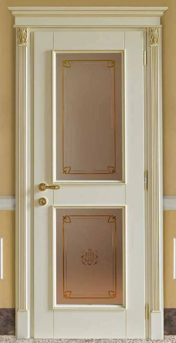 Luxus Barock Wohnungstür Creme / Gold - Prunkvolle Massivholz Tür mit Glasfenstern und Rahmen - Luxus Möbel im Barockstil - Hotel Möbel - Barock Möbel - Luxus Qualität - Made in Italy